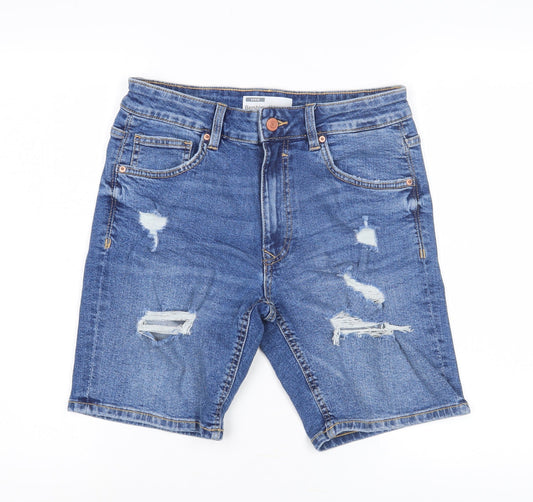 Bershka Men's Blue Denim Distressed Shorts, Size S