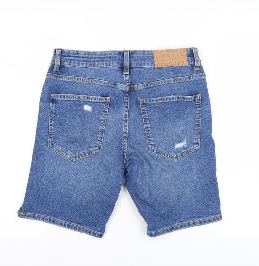 Bershka Men's Blue Denim Distressed Shorts, Size S