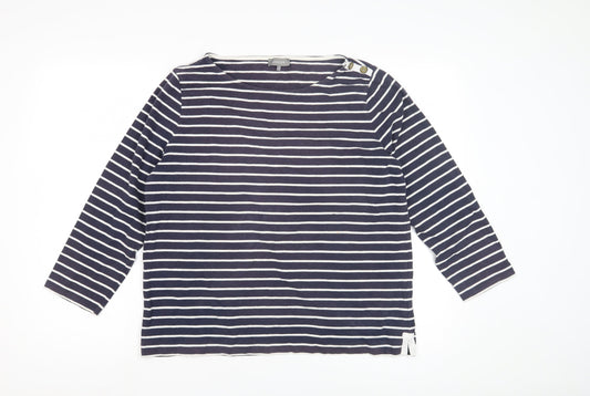 Jaeger Women's Blue Striped Cotton T-Shirt, Size L, 3/4 Sleeve