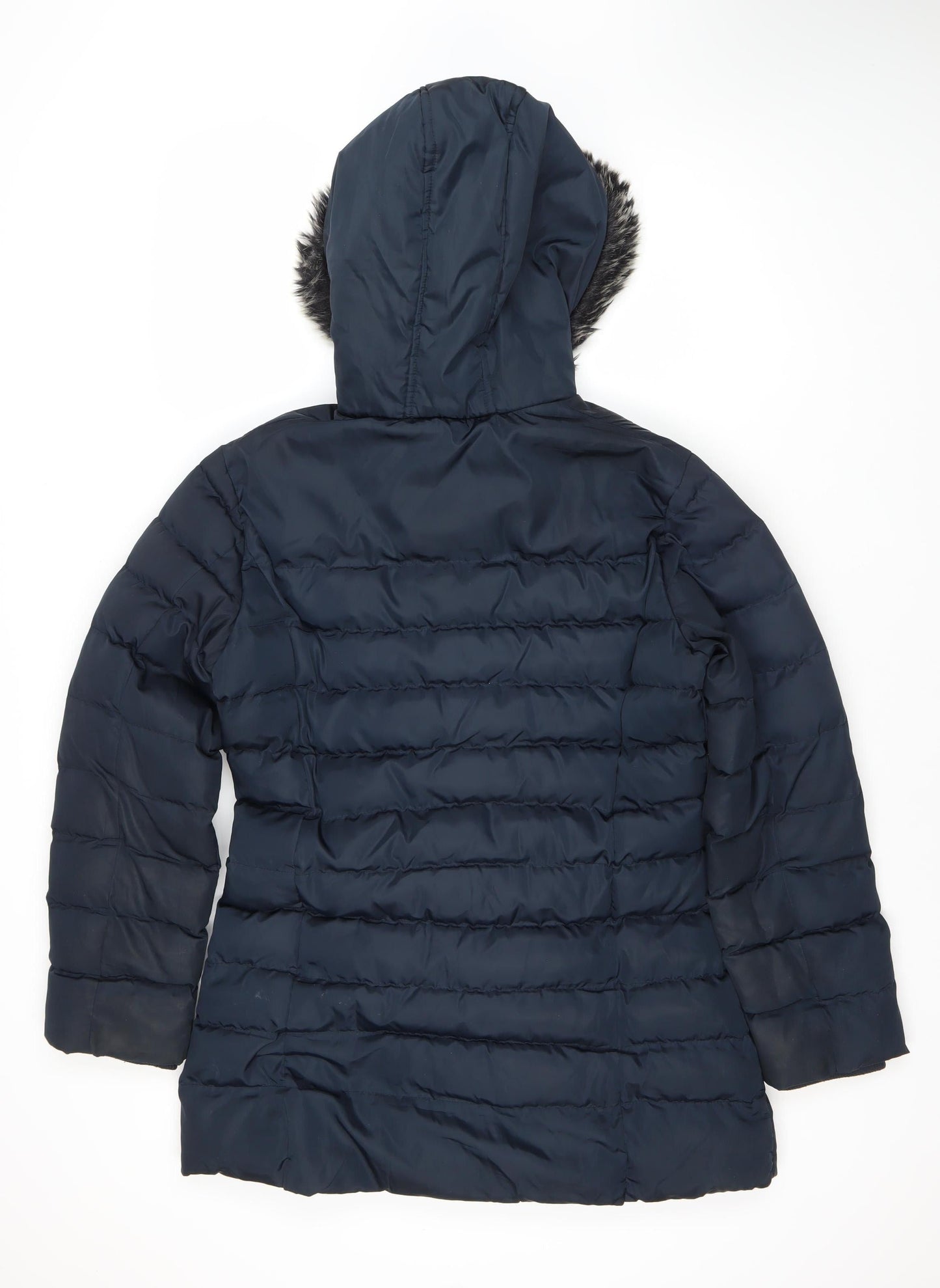 Kangol Women's Blue Puffer Jacket Size 14 Hooded Fur Trim