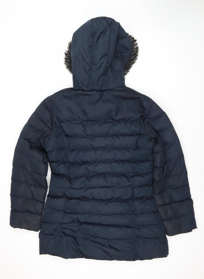 Kangol Women's Blue Puffer Jacket Size 14 Hooded Fur Trim