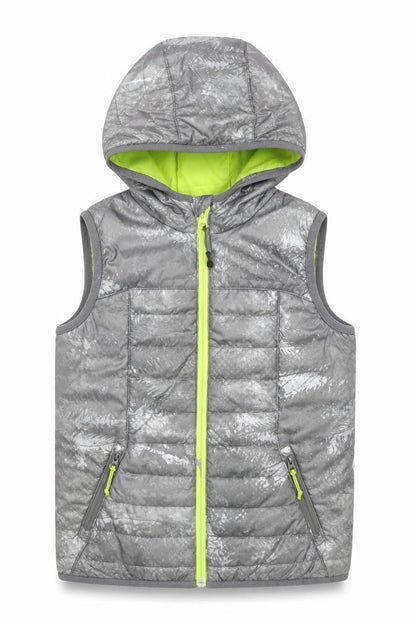 Front view of Decathlon boys’ grey hooded puffer jacket 8 years