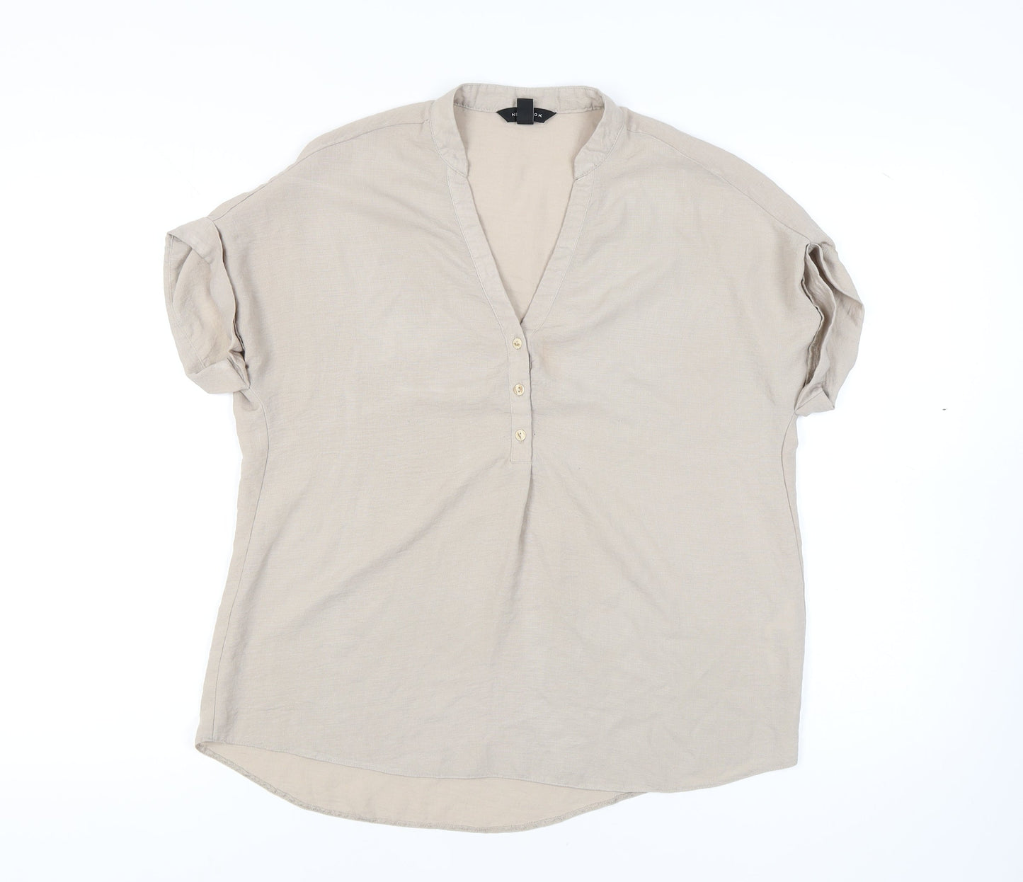 New Look Women's Beige Short Sleeve V-Neck Top Size 10