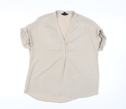 New Look Women's Beige Short Sleeve V-Neck Top Size 10