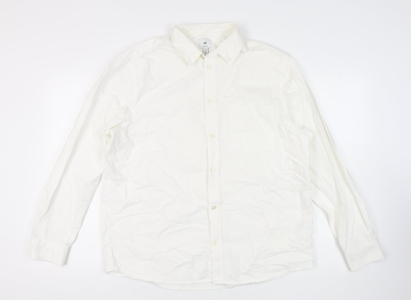 H&M Men’s White Regular Fit Cotton Shirt L Button-Up