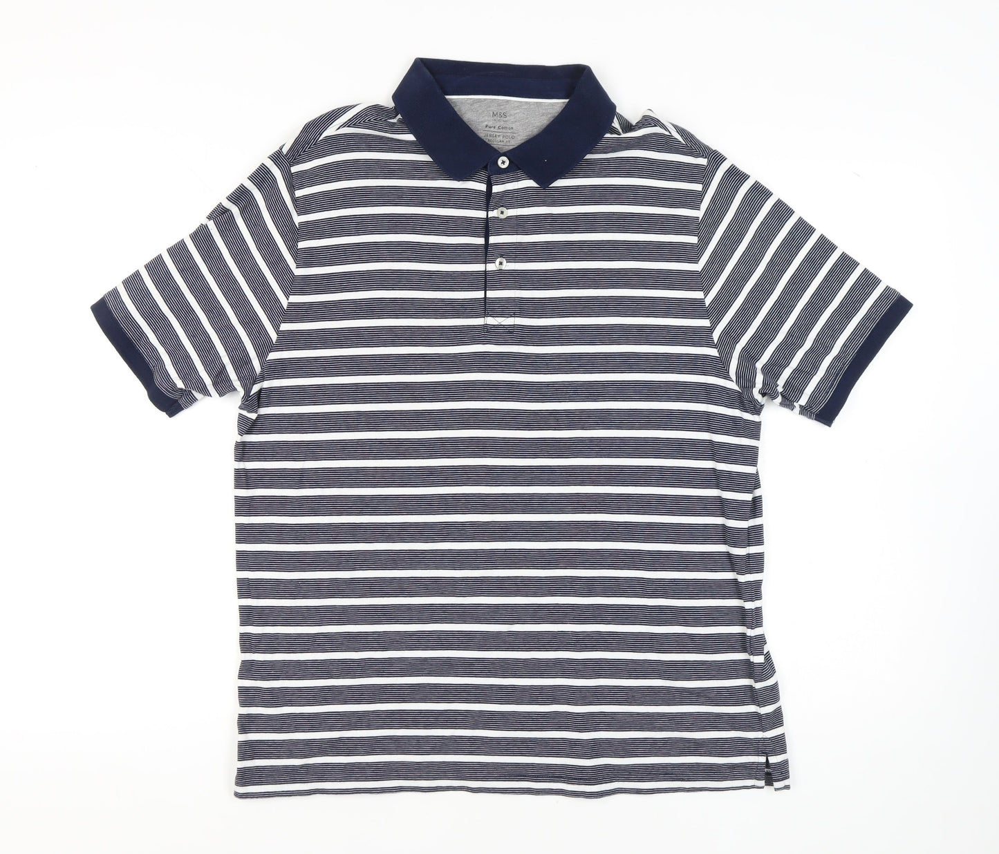 Marks and Spencer Men's Blue Striped Polo, Size L