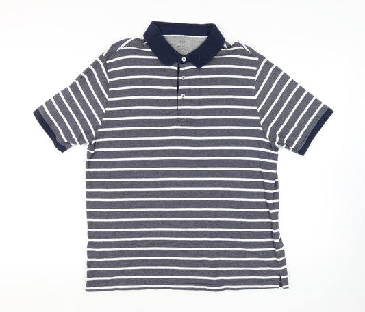 Marks and Spencer Men's Blue Striped Polo, Size L