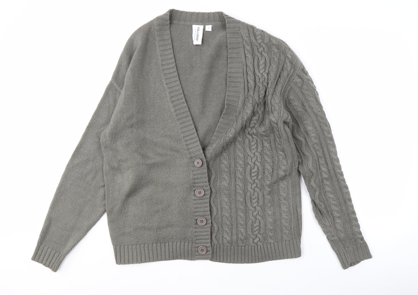 Collusion Grey Cable-Knit Cardigan XS Unisex Adults