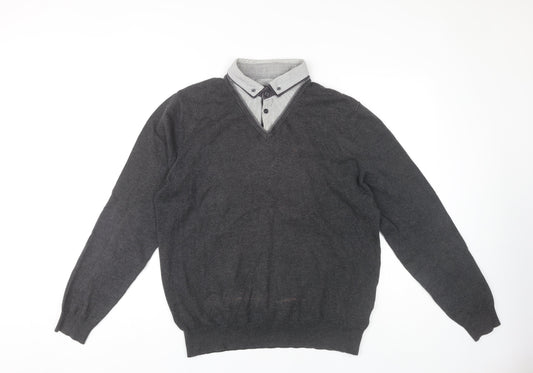 Marks and Spencer Men's Grey V-Neck Pullover - M