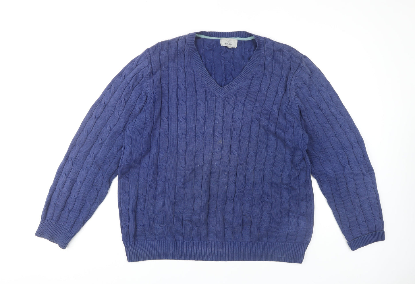 Marks and Spencer Men's Blue XL V-Neck Cotton Jumper