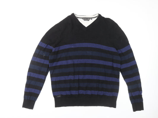 Dissident Men's 2XL Black Blue Striped V-Neck Jumper