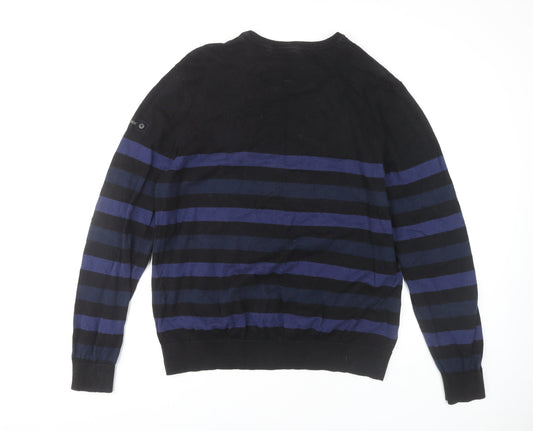 Dissident Men's 2XL Black Blue Striped V-Neck Jumper