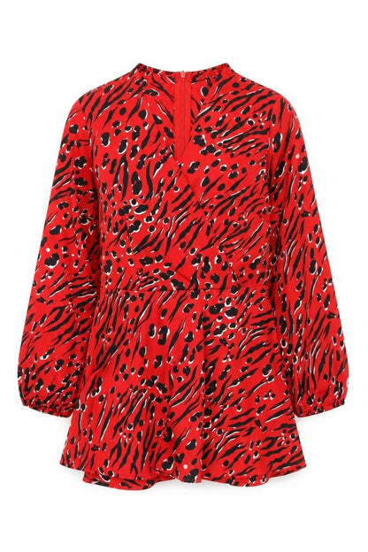 Front view of Quiz Women's Red Animal Print Dress, size 10