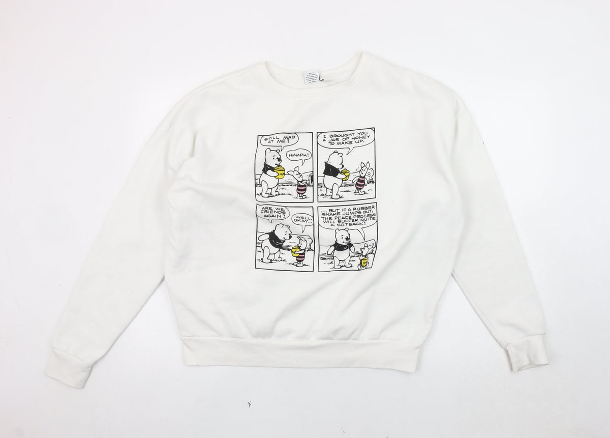 Front view of Disney unisex white pullover sweatshirt l