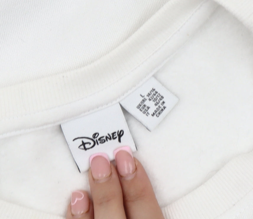 Close-up detail of Disney unisex white pullover sweatshirt l