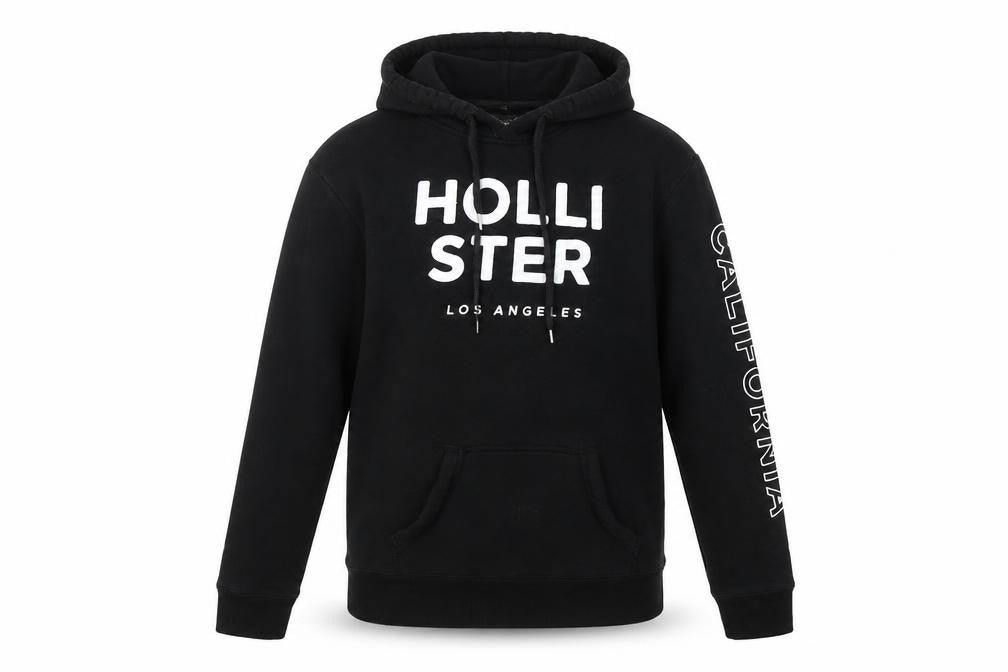 Front view of Hollister XS Black Pullover Hoodie, unisex, graphic logo