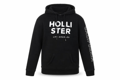 Front view of Hollister XS Black Pullover Hoodie, unisex, graphic logo
