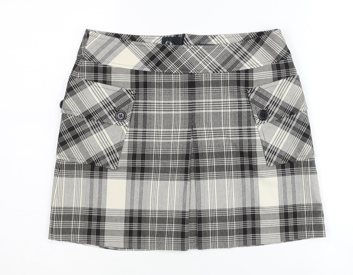 Mexx Women's Black Plaid Skirt, Size 10, Button Accents