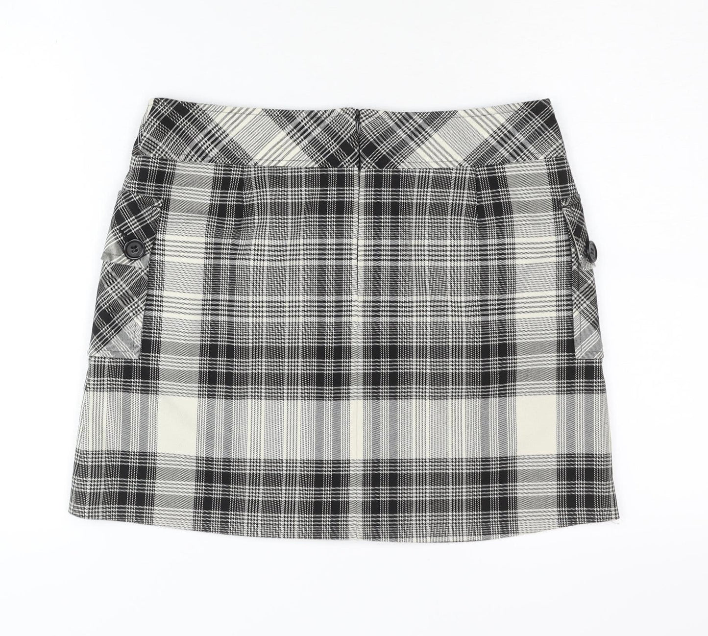 Mexx Women's Black Plaid Skirt, Size 10, Button Accents