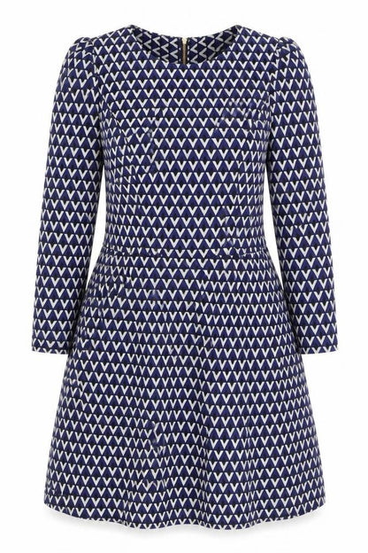 Front view of Closet London Women's Blue Geometric Dress, size 12