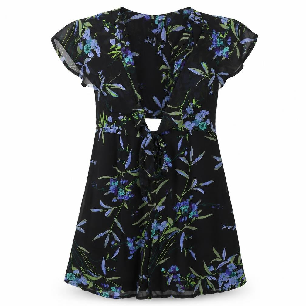 Front view of ASOS Design Women's Black Floral Mini Dress, size 8, A-Line - Ideal for Parties