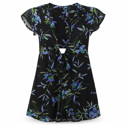 Front view of ASOS Design Women's Black Floral Mini Dress, size 8, A-Line - Ideal for Parties
