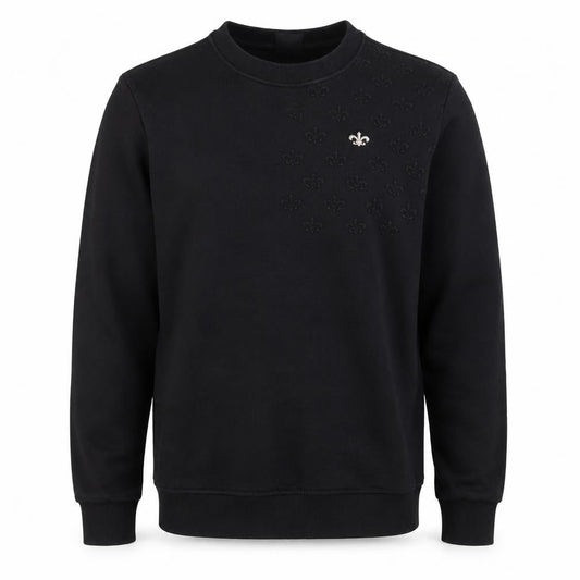 Front view of Montfleuri unisex black s pullover sweatshirt