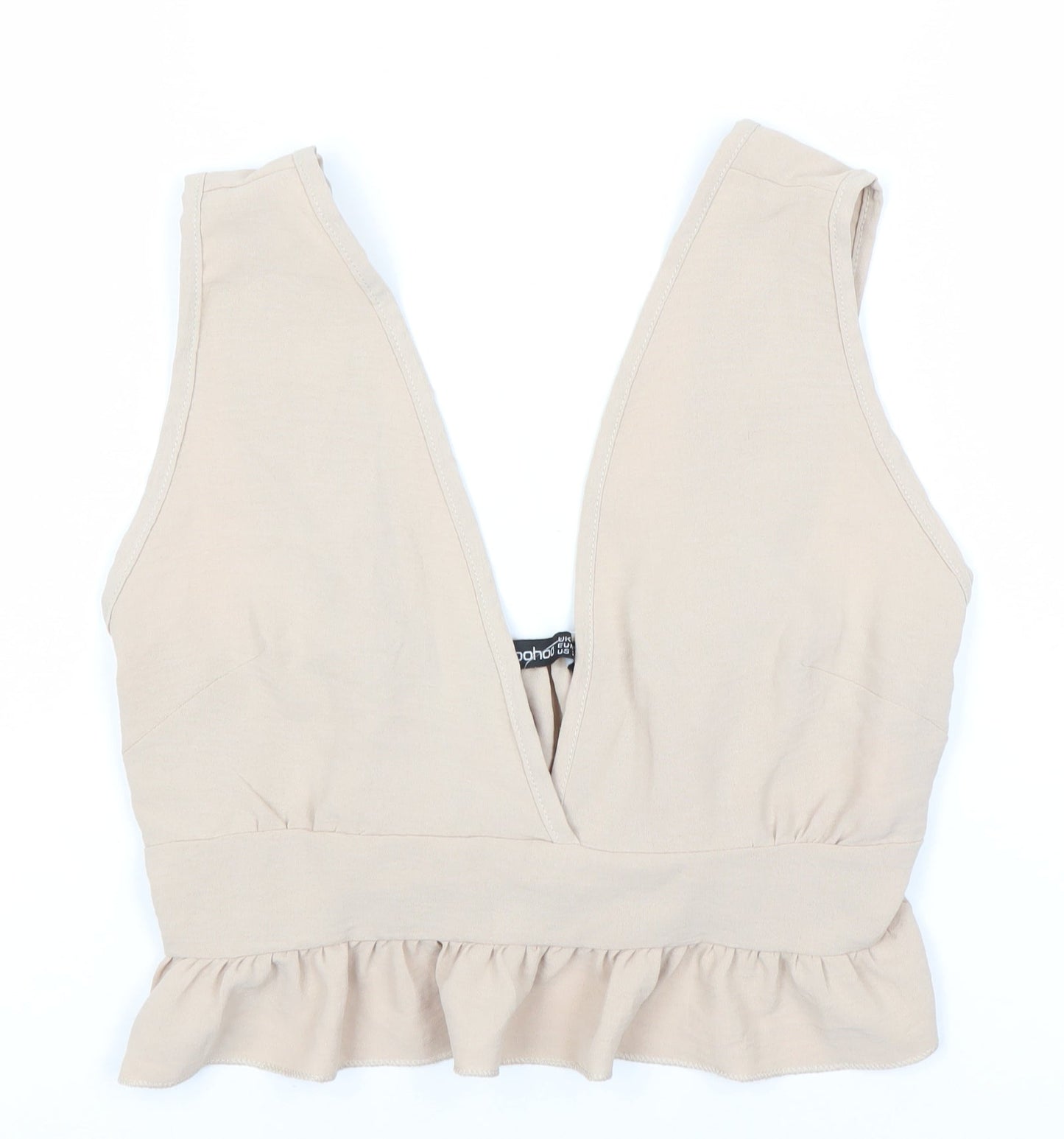 Boohoo Women's Beige V-Neck Ruffle Sleeveless Top