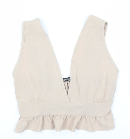 Boohoo Women's Beige V-Neck Ruffle Sleeveless Top