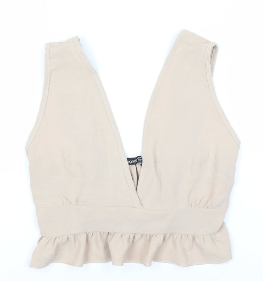 Boohoo Women's Beige V-Neck Ruffle Sleeveless Top