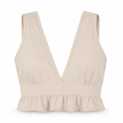 Boohoo Women's Beige V-Neck Ruffle Sleeveless Top