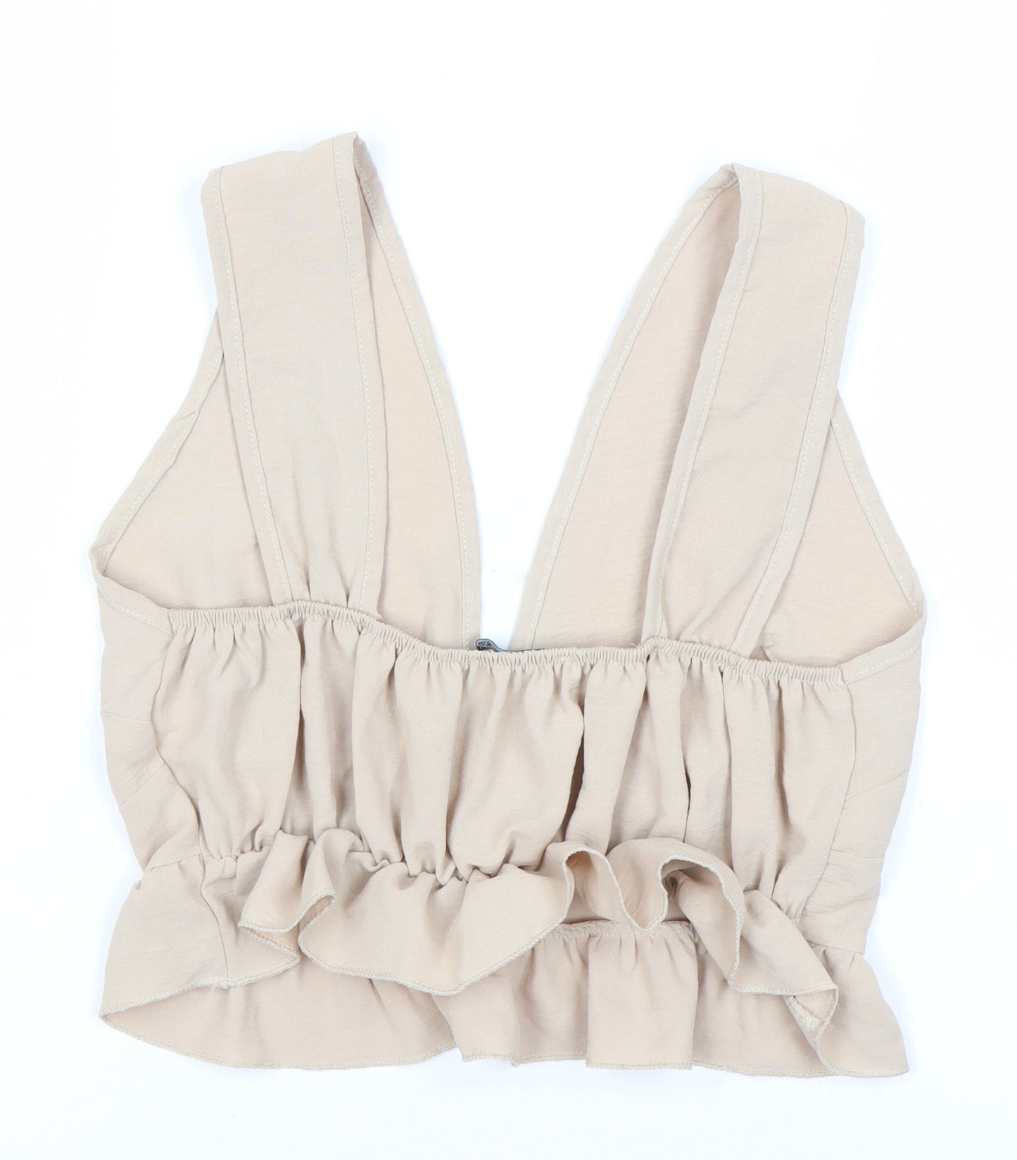 Boohoo Women's Beige V-Neck Ruffle Sleeveless Top