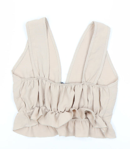 Boohoo Women's Beige V-Neck Ruffle Sleeveless Top