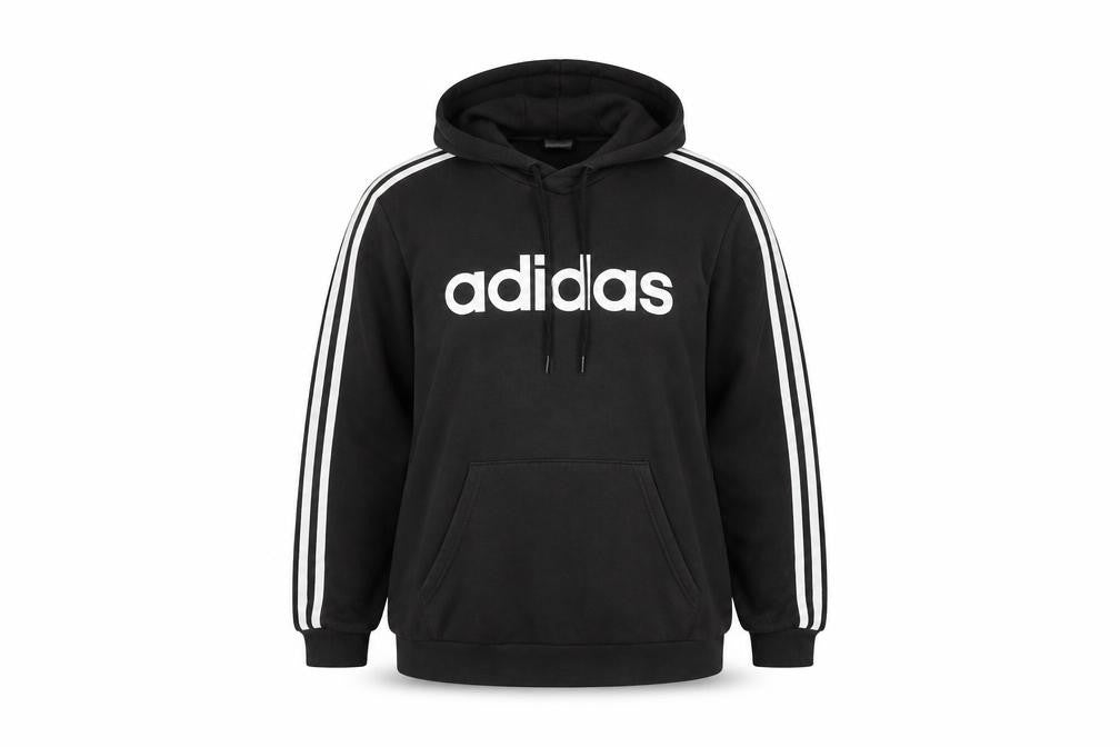 Front view of Adidas Black unisex pullover hoodie, size L, cotton blend