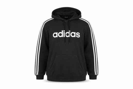 Front view of Adidas Black unisex pullover hoodie, size L, cotton blend