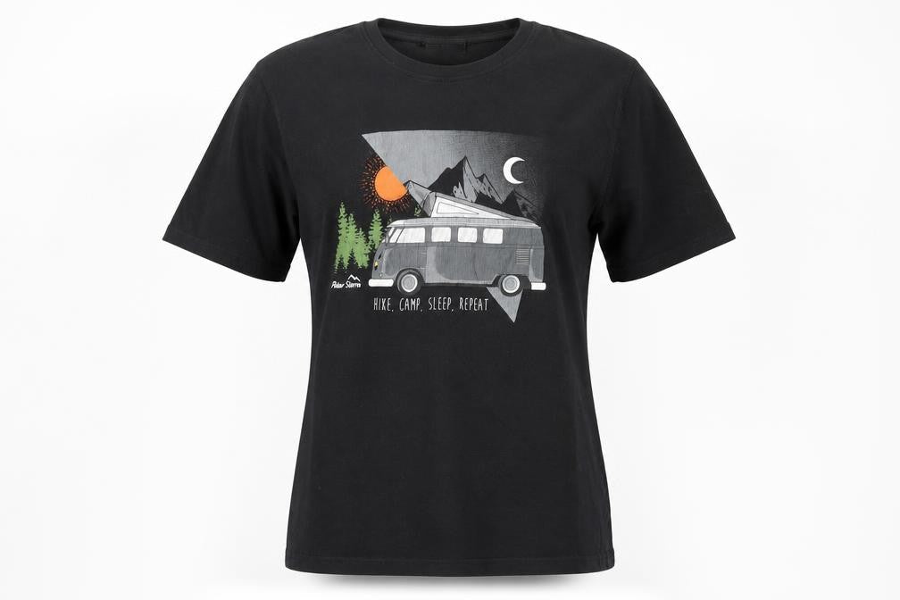 Front view of Peter Storm unisex black outdoor graphic t-shirt l