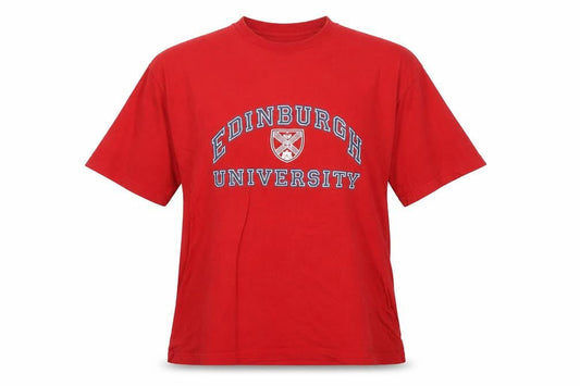 Front view of Gold Screens unisex red crew neck university t-shirt l