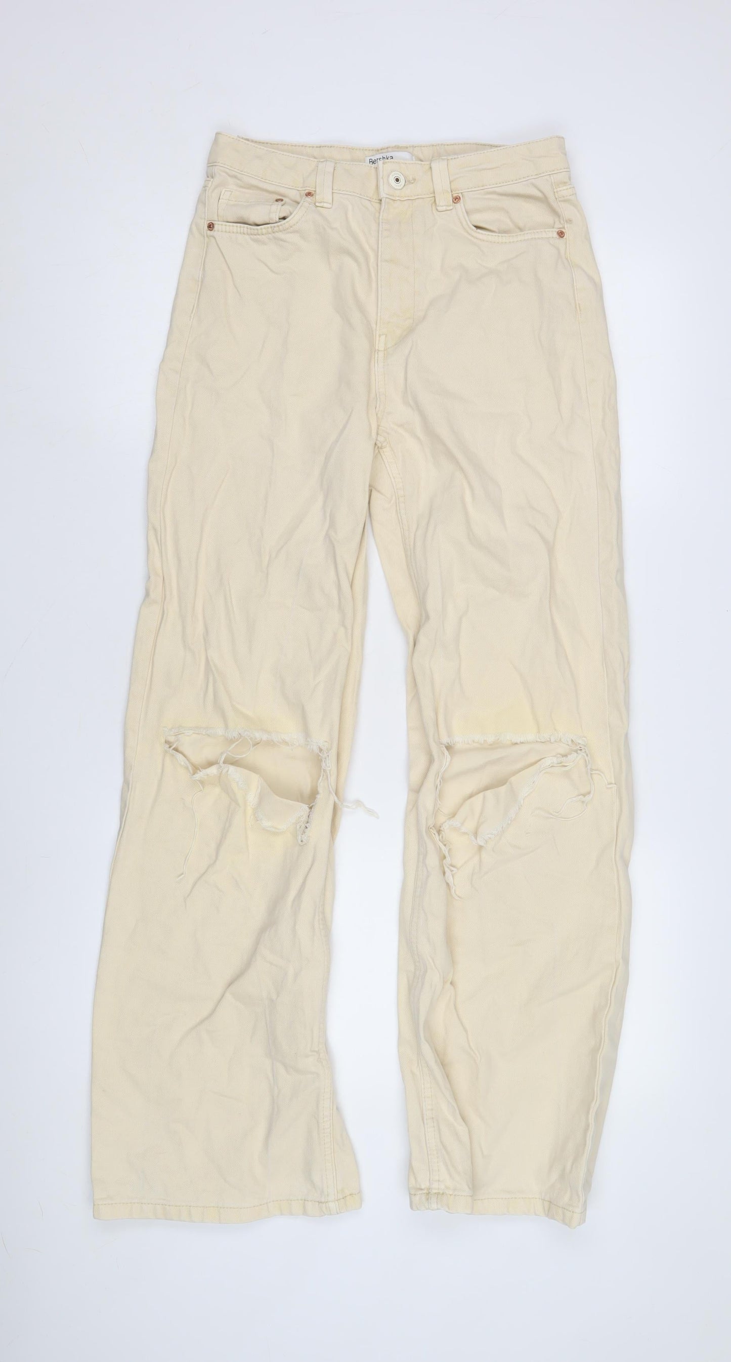 Bershka Women's Beige Wide-Leg Distressed Jeans Size 10