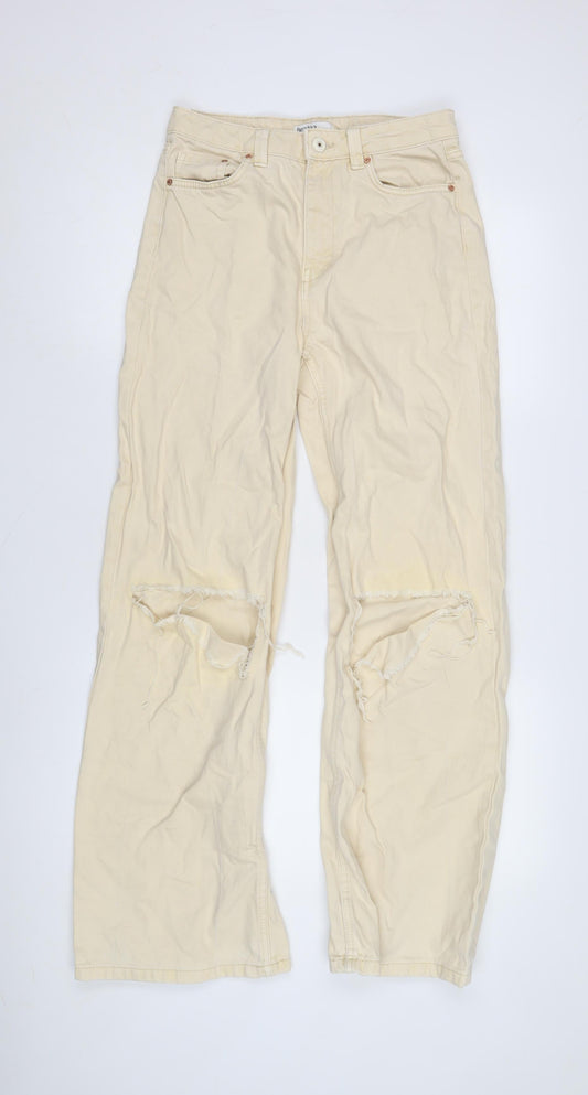 Bershka Women's Beige Wide-Leg Distressed Jeans Size 10
