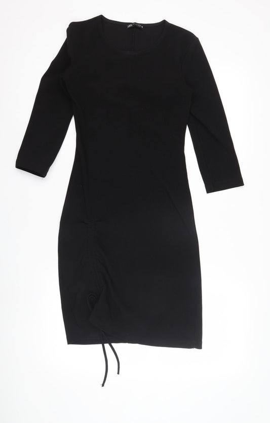 Zara Women's Black Dress M 3/4 Sleeve Ruched Stylish