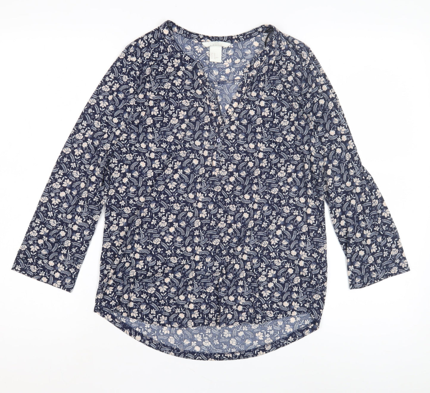 H&M Women's XS Blue Floral Blouse, 3/4 Sleeve Cotton