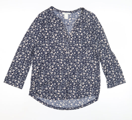 H&M Women's XS Blue Floral Blouse, 3/4 Sleeve Cotton