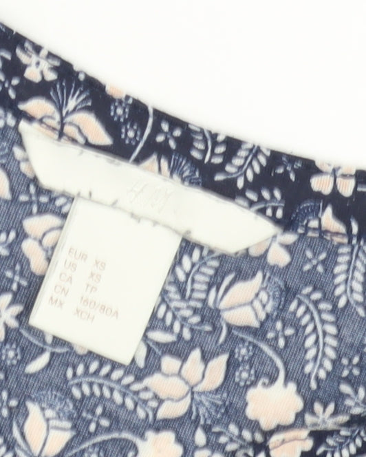 H&M Women's XS Blue Floral Blouse, 3/4 Sleeve Cotton