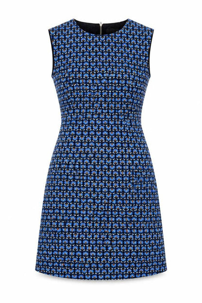 Front view of Louche Women's Blue Geometric Knee Length Dress S 10