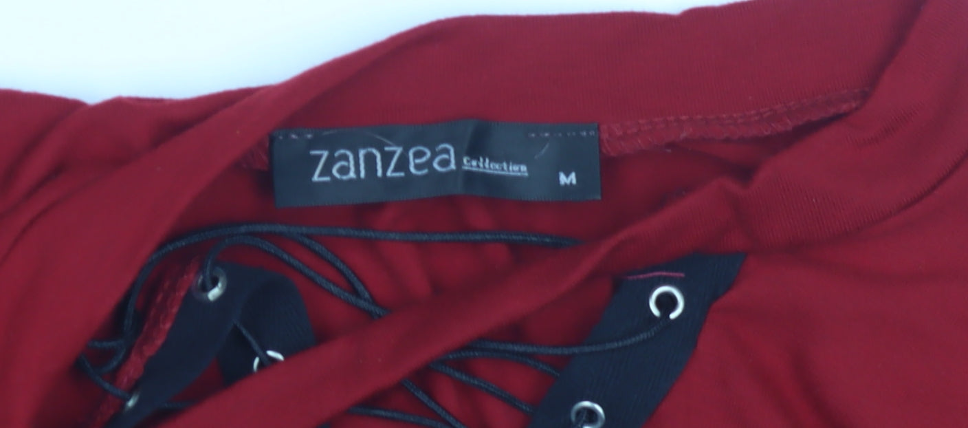 Zanzea Women's Red T-Shirt Dress, M, Lace Up V-Neck, Short Sleeve