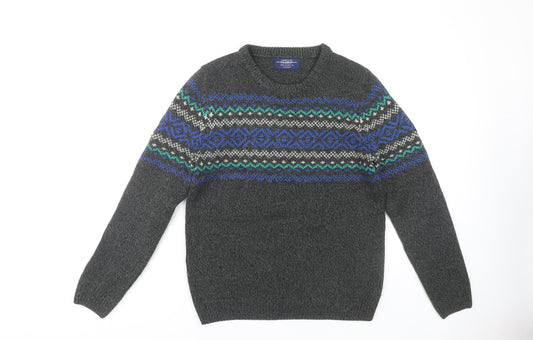 Pull & Bear Men's Grey Fair Isle Pullover Jumper Size M