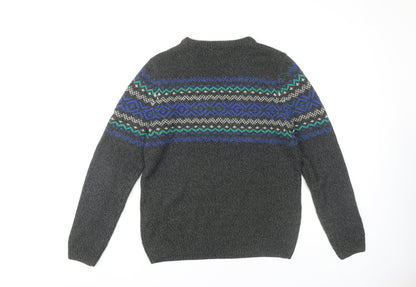 Pull & Bear Men's Grey Fair Isle Pullover Jumper Size M
