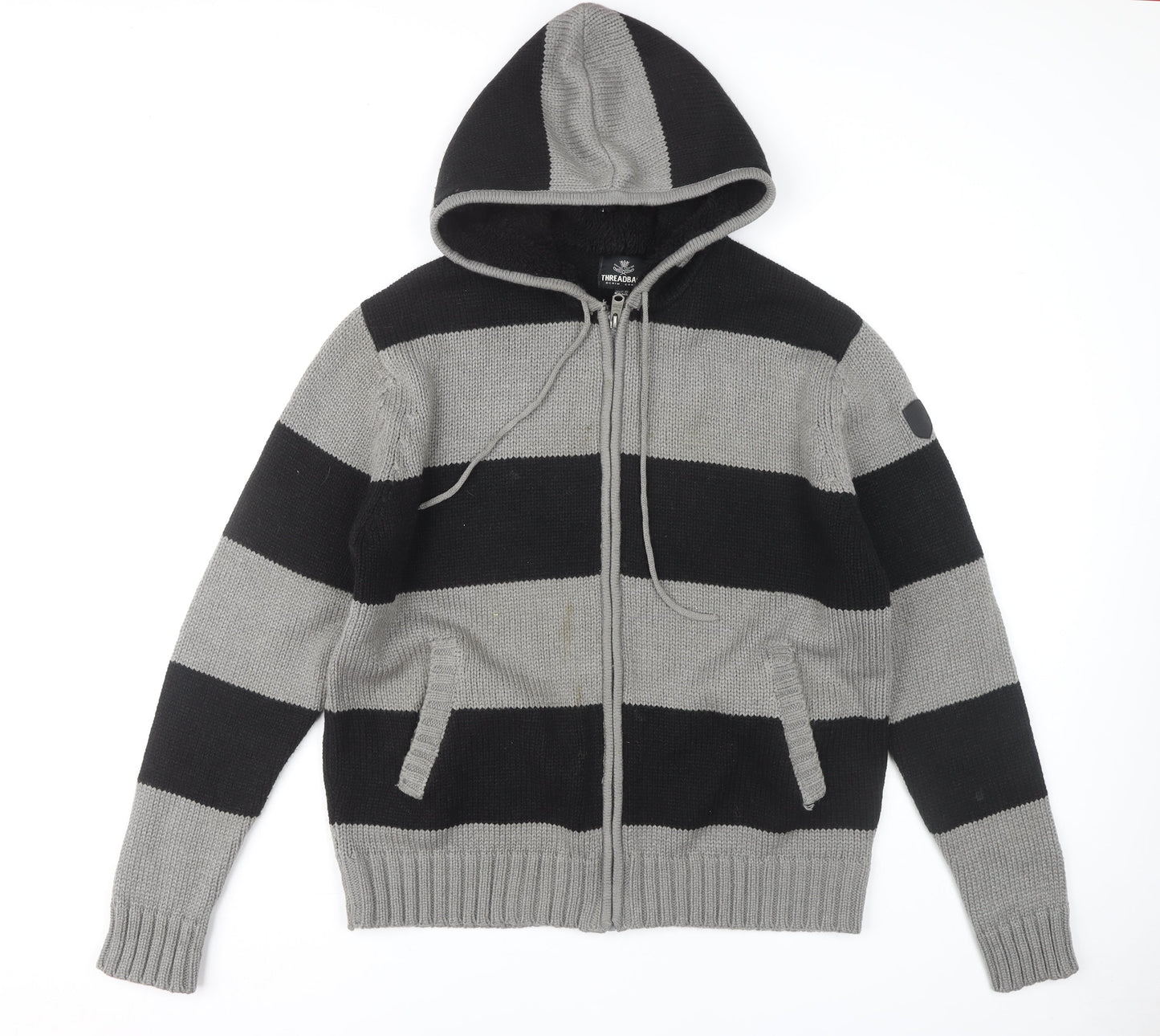 Threadbare Men's XL Black Grey Striped Hooded Jumper