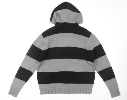 Threadbare Men's XL Black Grey Striped Hooded Jumper