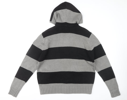 Threadbare Men's XL Black Grey Striped Hooded Jumper